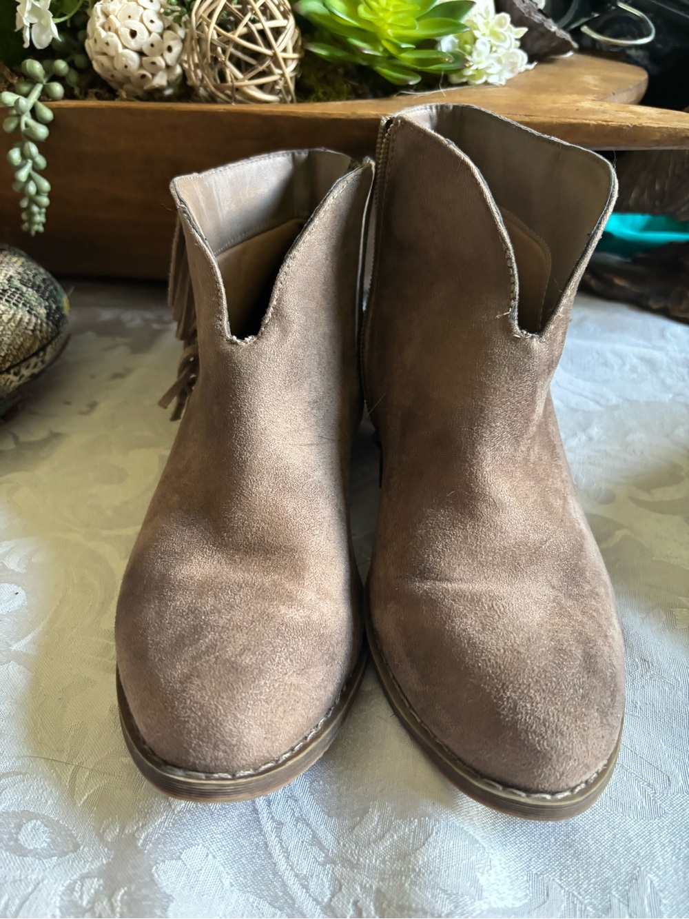 Dirty Laundry Taupe Suede Fringe Ankle Booties